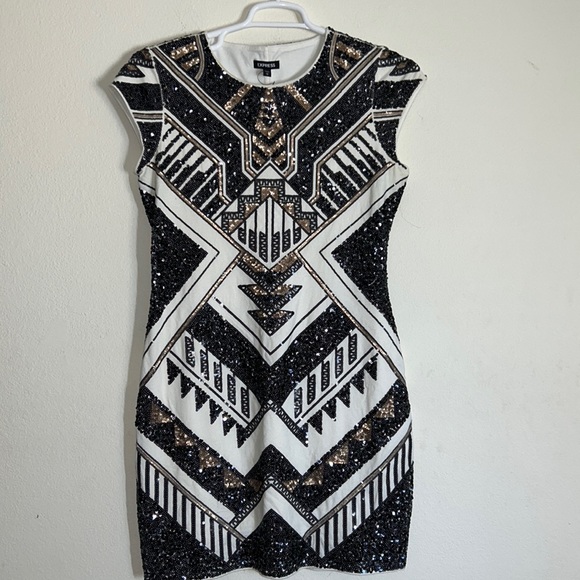 Express Black White Gold Sequin Mini Dress - Picture 2 of 12